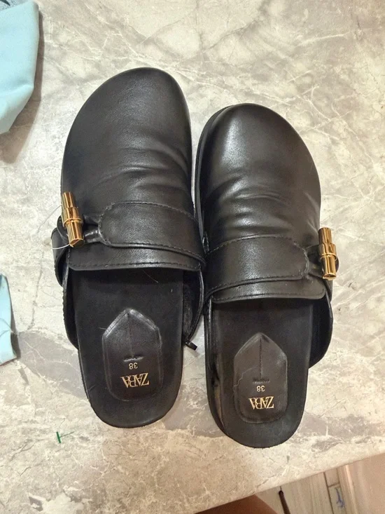 Zara Black Leather Slip-On Mules with Gold Bamboo Buckle - Picture 1 of 6